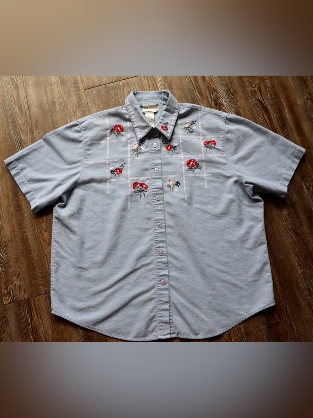 Vintage Blue Floral Embroidered Shirt Cottagecore Grandma Napa Valley Womens L